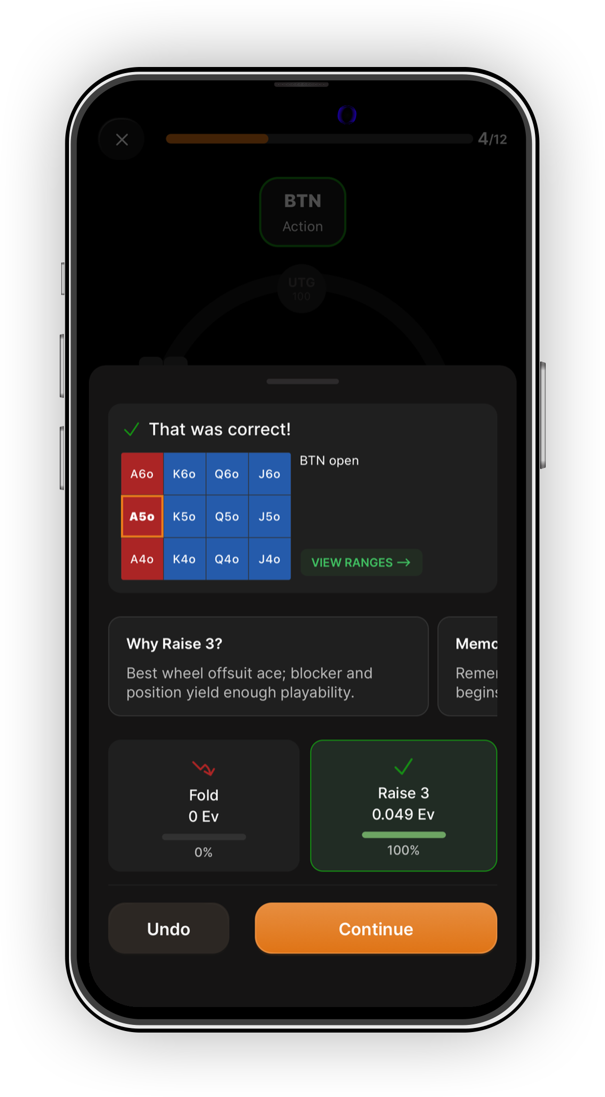 PlusEV feedback panel: the result, the range grid with your hand outlined, the reason why, and every action with its EV and frequency
