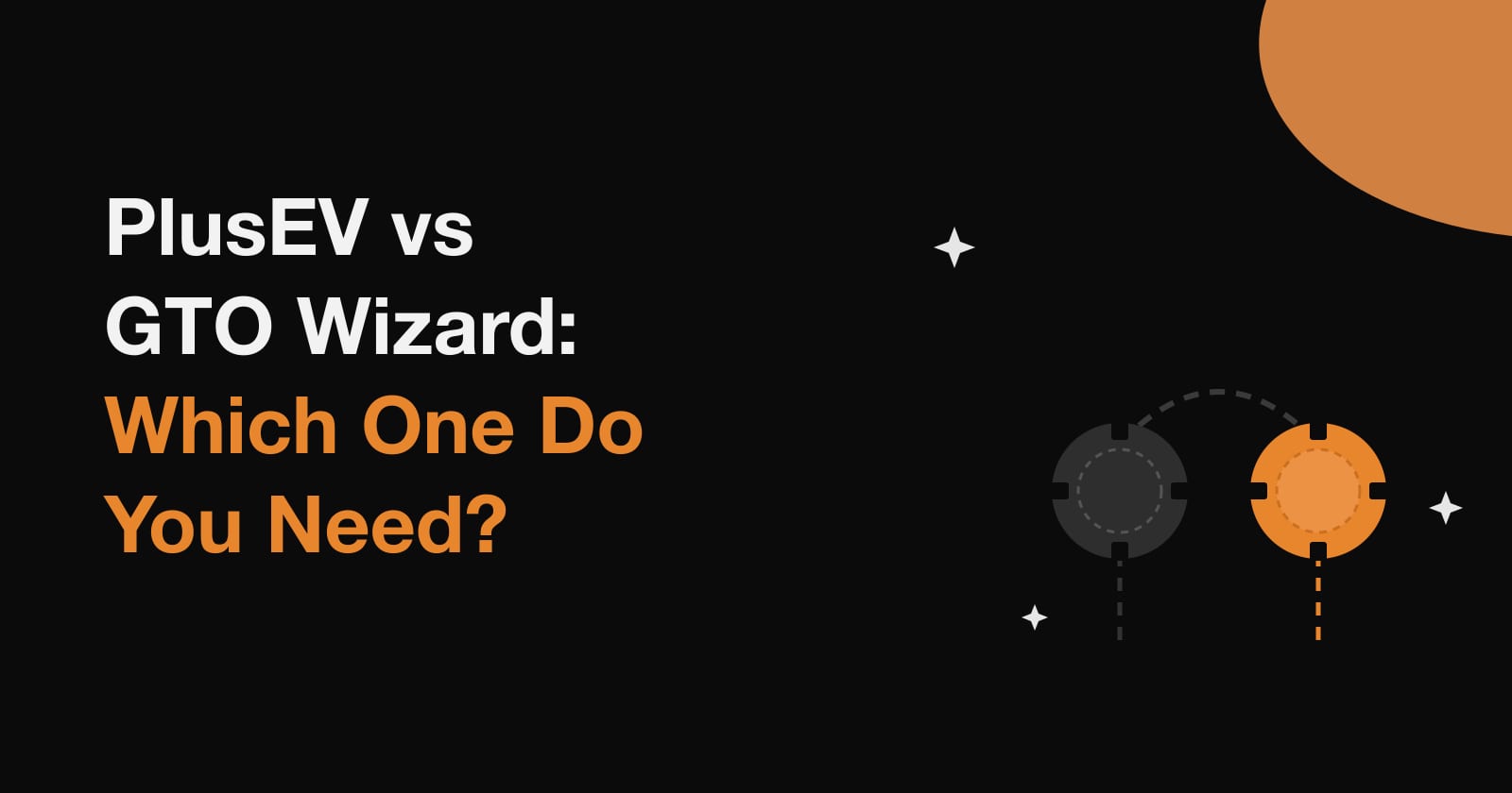 PlusEV vs GTO Wizard: article title beside a grey chip and an orange chip joined by a dashed arc.