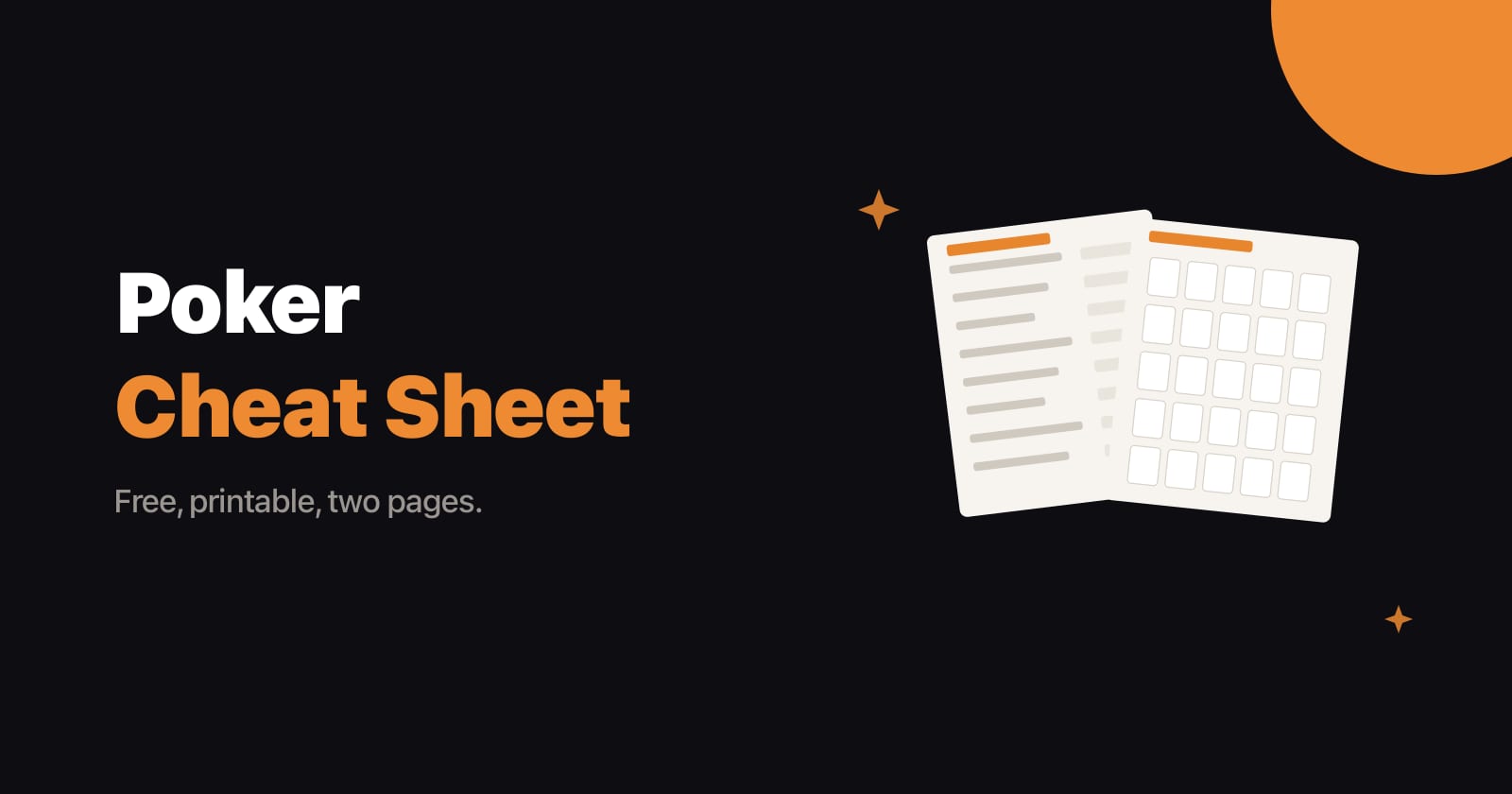 Poker cheat sheet: article title beside two printed sheets, one of lines and one of playing cards.
