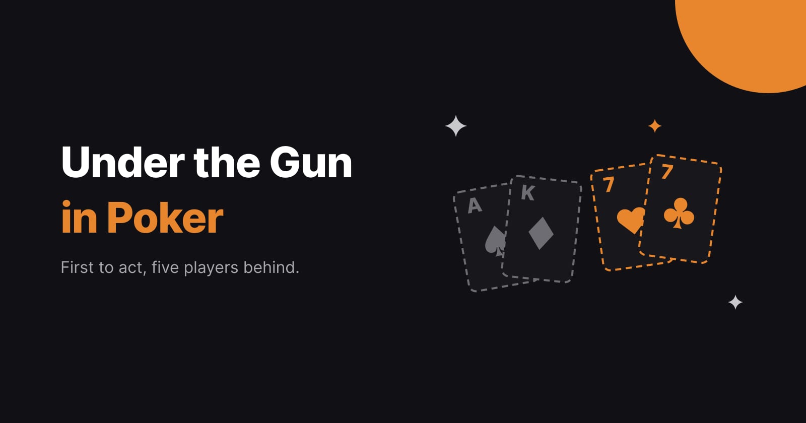 Under the gun in poker: article title beside a grey ace and king and an orange pair of sevens in dashed outline.