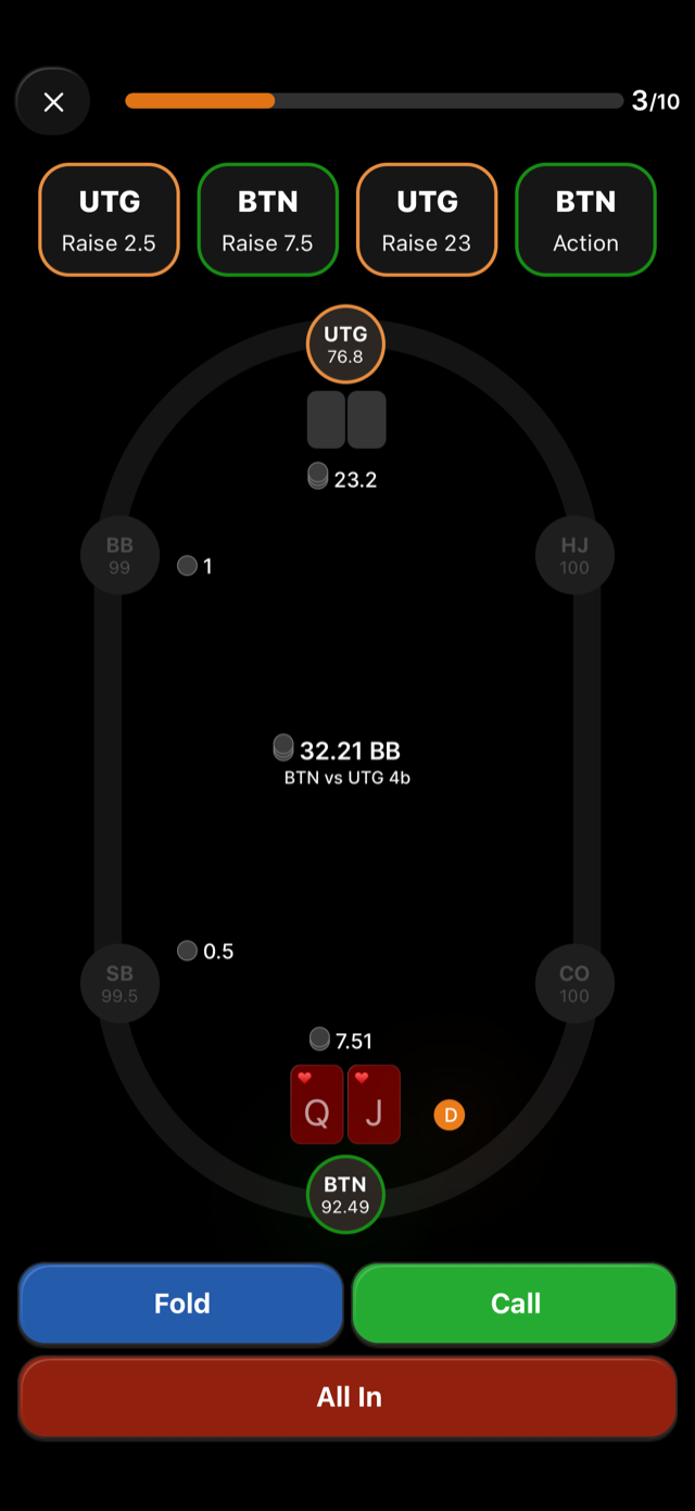 A session spot: the action history along the top, the pot and spot name in the middle,
and the action buttons at the bottom