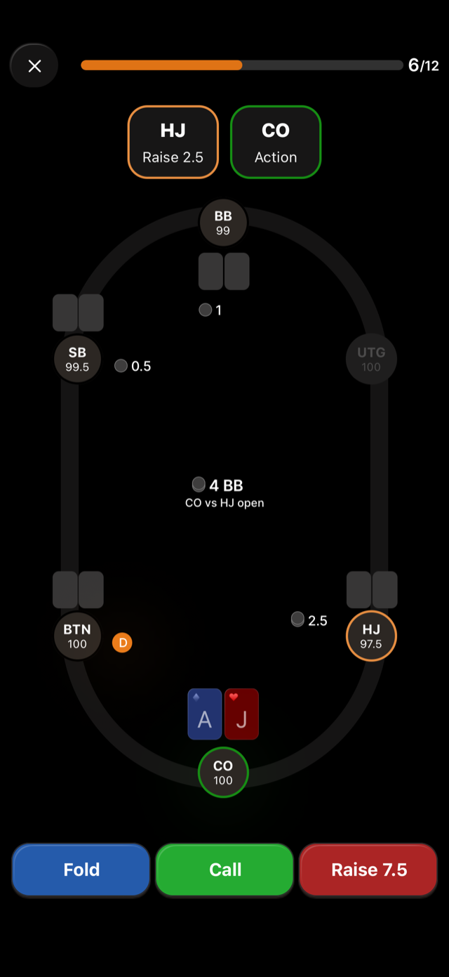 A second spot, CO vs HJ open, with fold, call and raise
available